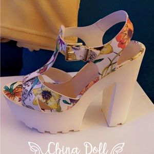 Flora Print Platform Tall Heel Strap Buckle Peep Toe Shoe